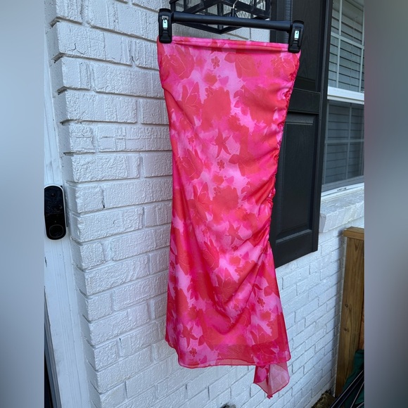 Y2K Floral Pink Asymmetrical Strapless Dress - Picture 1 of 7
